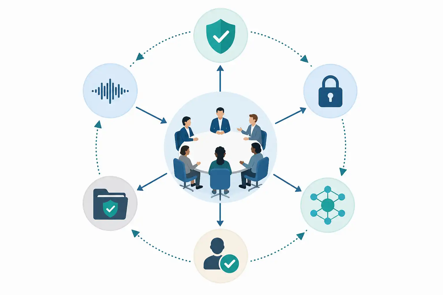 Infografik zu KI-Meetingassistenten datenschutzkonform im Team einsetzen (KI-generiert)